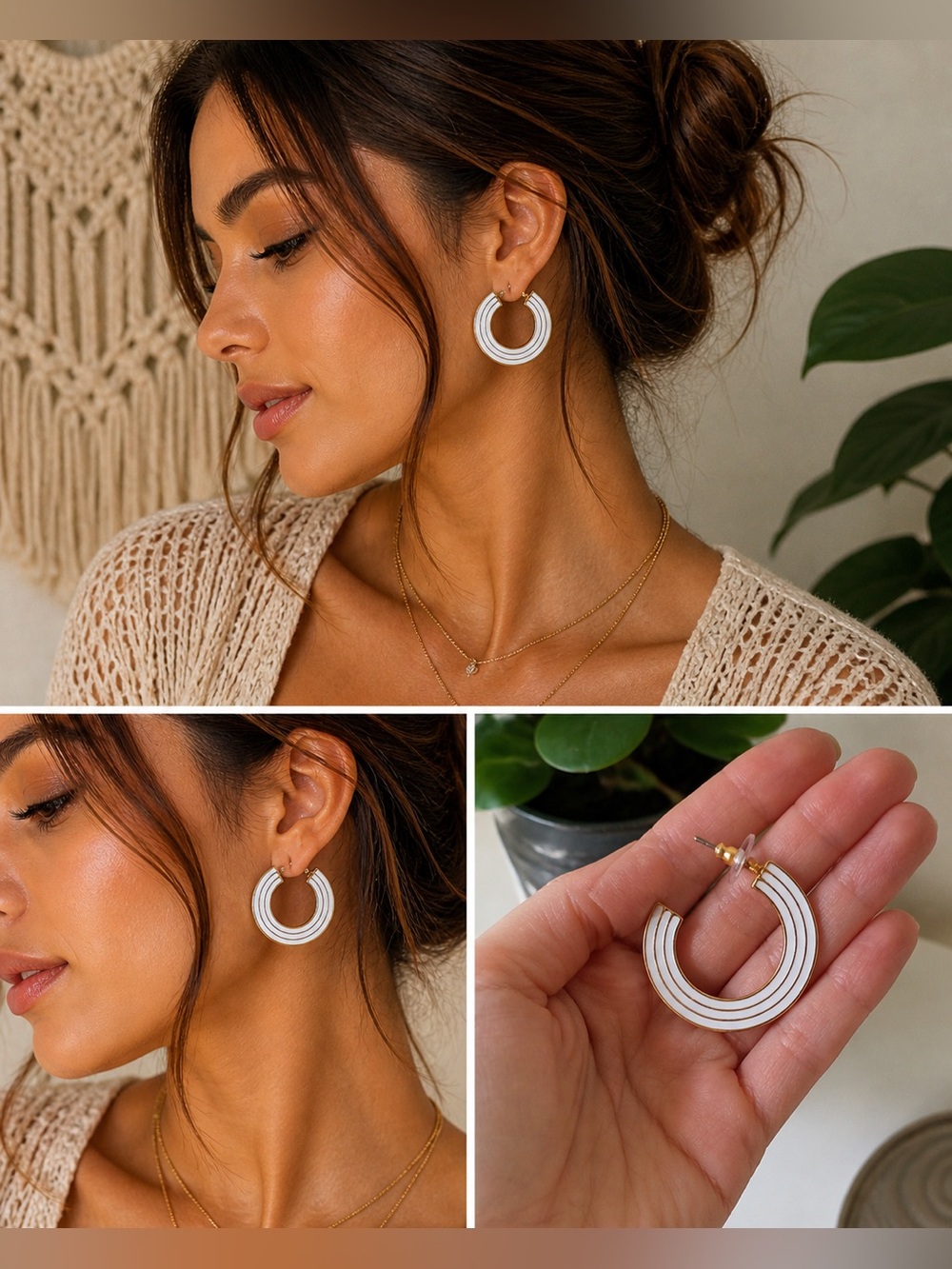 Minimal Gold Cream Hoop Earrings Clean Girl Aesthetic Chic Neutral Jewelry